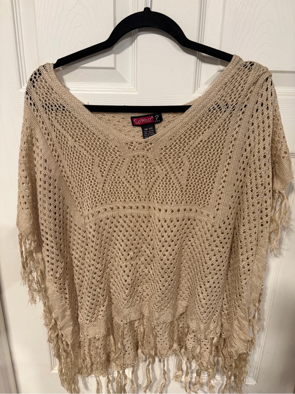 Say What? Beige Crochet Fringe Poncho Sweater